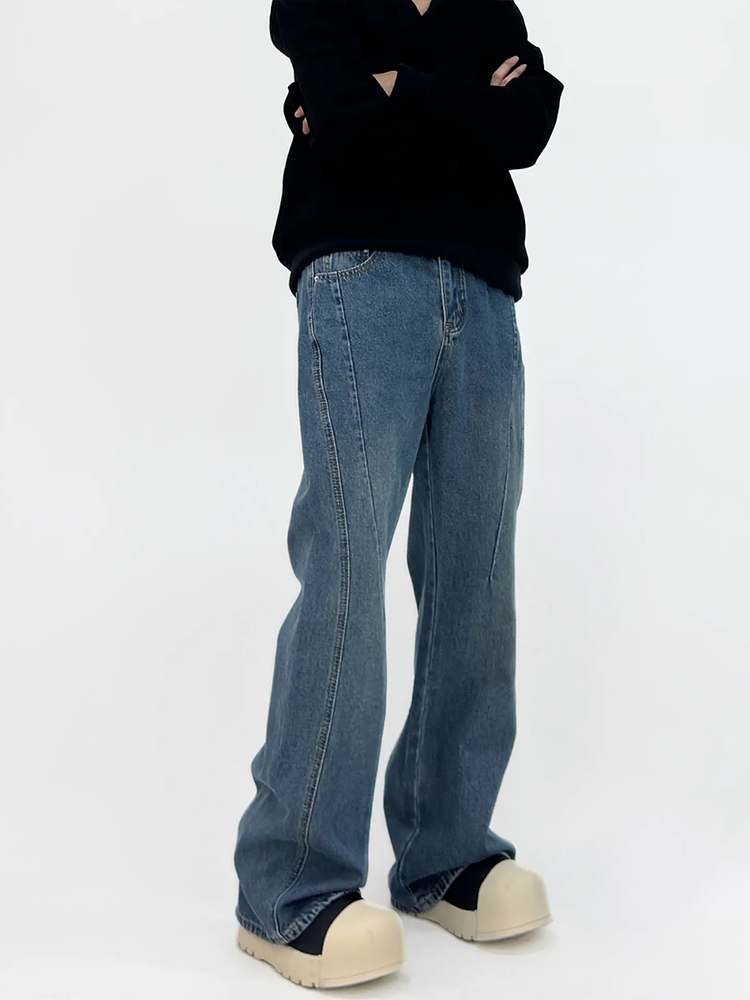 Vintage Washed Denim Pants for Men - Mid-Rise, Slimming, Slightly Flared, Casual Loose Fit, American Style, 90s Inspired Fashion. Vintage Washed Denim Pants for Men - Mid-Rise, Slimming, Slightly Flared, Casual Loose Fit, American Style, 90s Inspired Fashion.