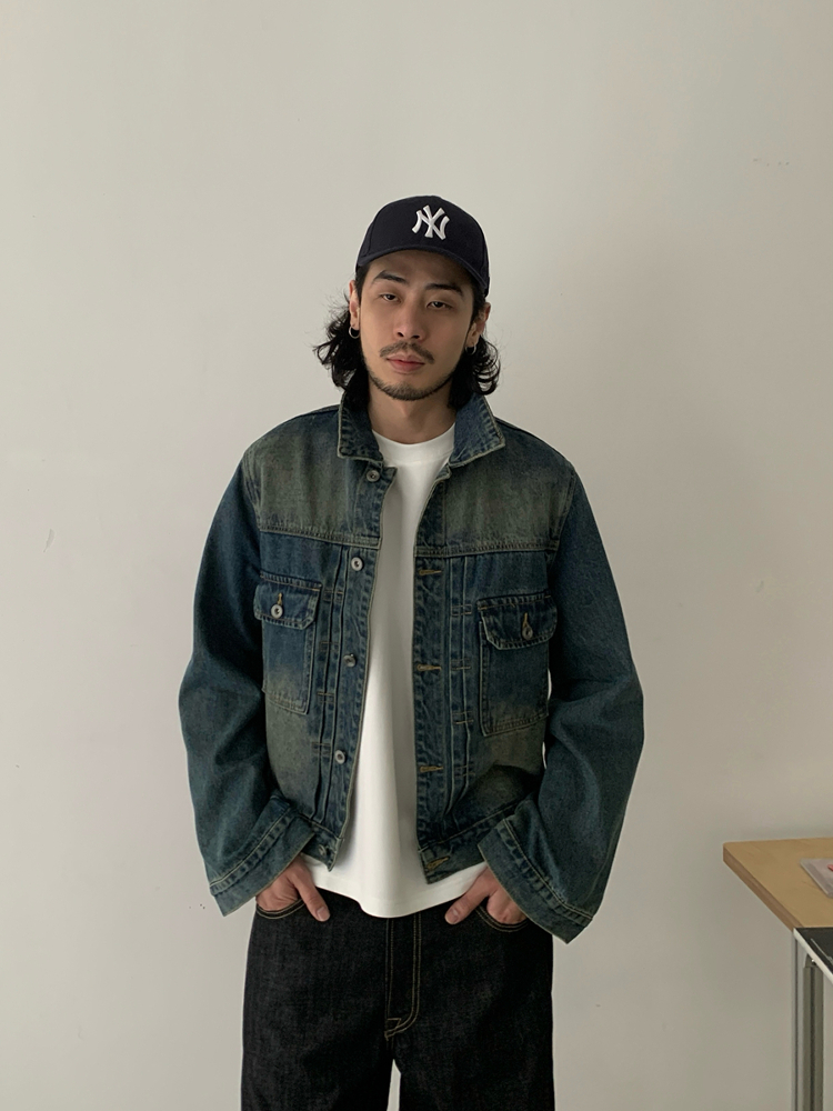 Vintage Washed Distressed Denim Jacket Unisex Short Flared Sleeve 90s Style Outerwear