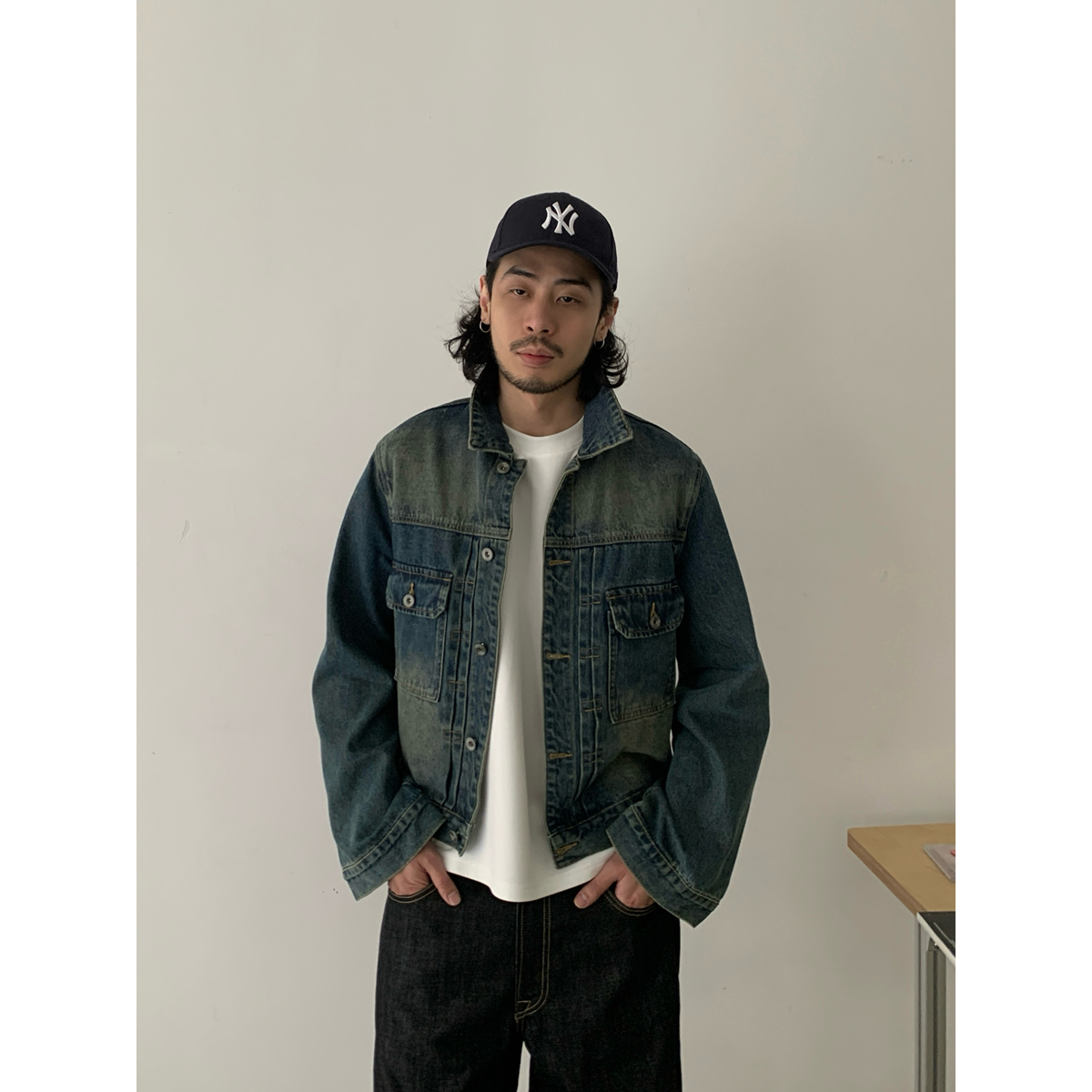 Vintage Washed Distressed Denim Jacket Unisex Short Flared Sleeve 90s Style Outerwear