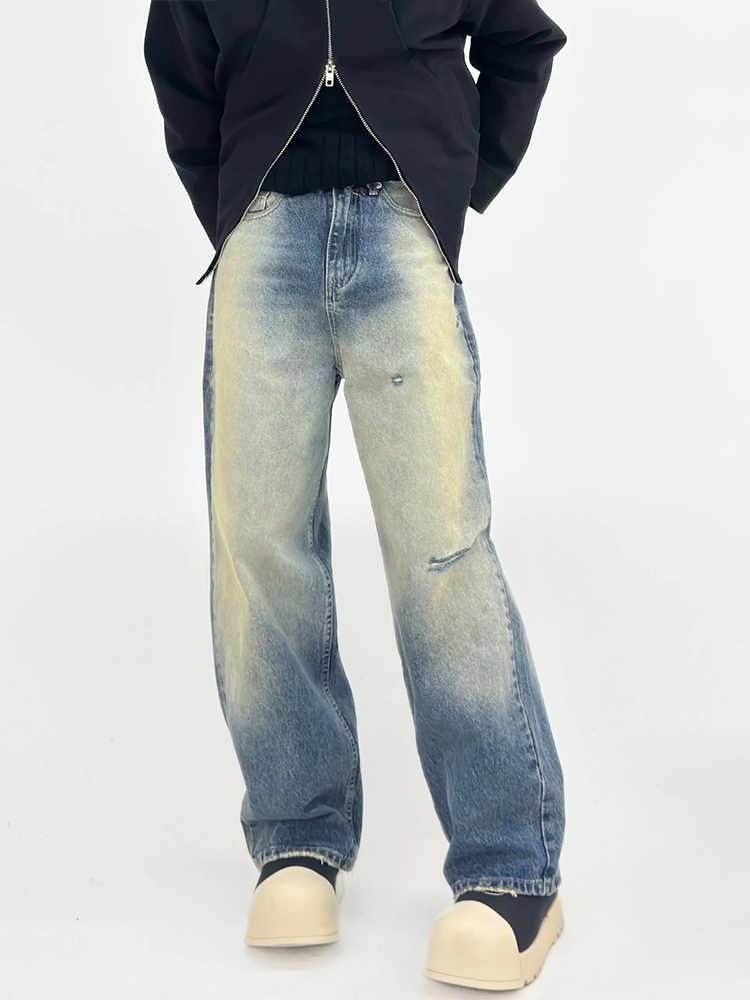 Vintage Washed Distressed Denim Pants for Men - Loose Straight Wide-Leg Casual Trousers, 90s Inspired Fashion Vintage Washed Distressed Denim Pants for Men - Loose Straight Wide-Leg Casual Trousers, 90s Inspired Fashion