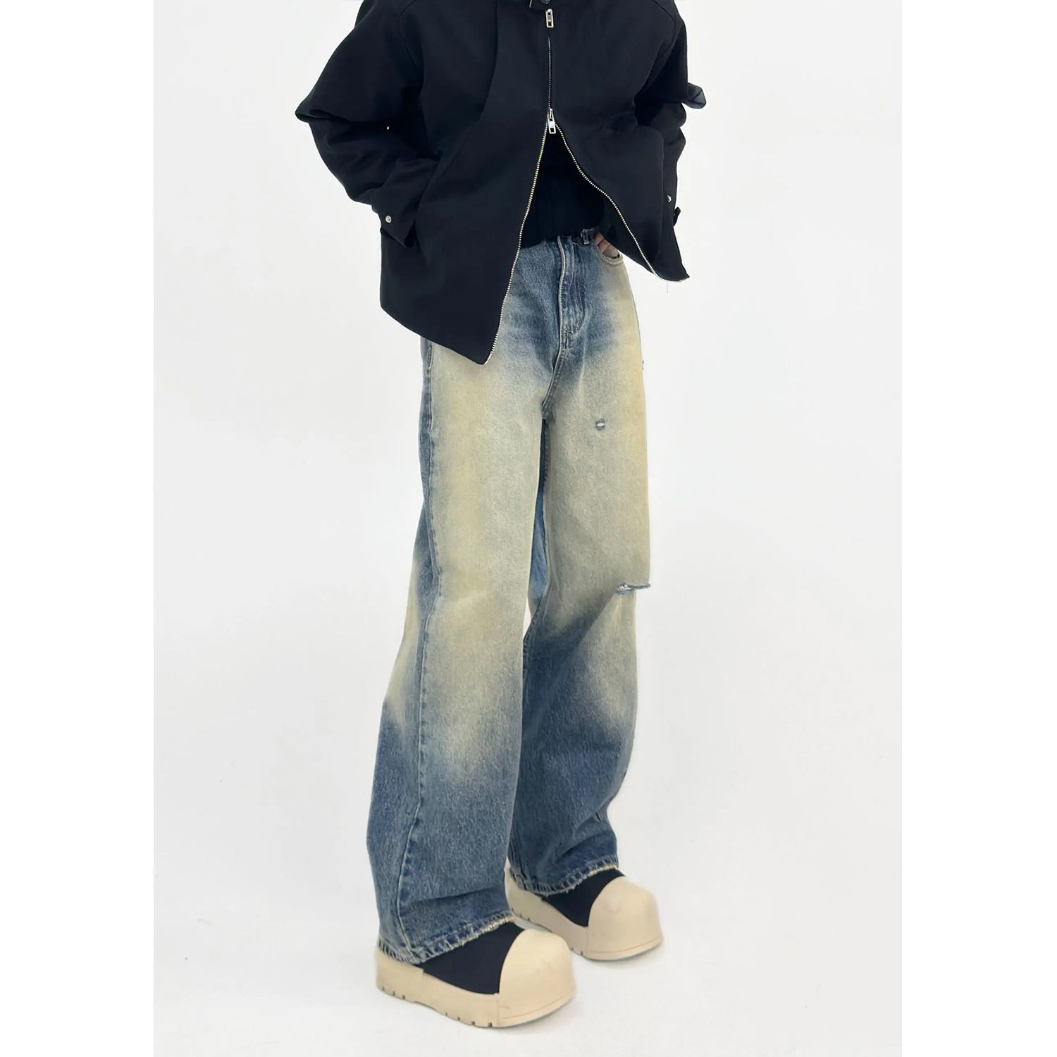 Vintage Washed Distressed Denim Pants for Men - Loose Straight Wide-Leg Casual Trousers, 90s Inspired Fashion