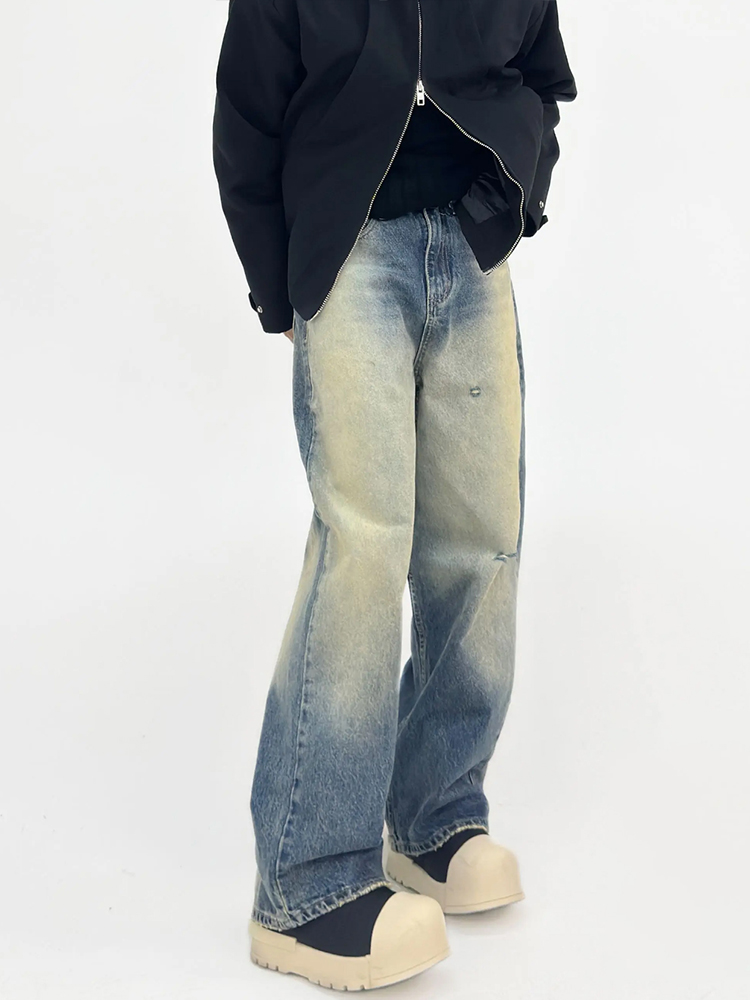 Vintage Washed Distressed Denim Pants for Men - Loose Straight Wide-Leg Casual Trousers, 90s Inspired Fashion Vintage Washed Distressed Denim Pants for Men - Loose Straight Wide-Leg Casual Trousers, 90s Inspired Fashion