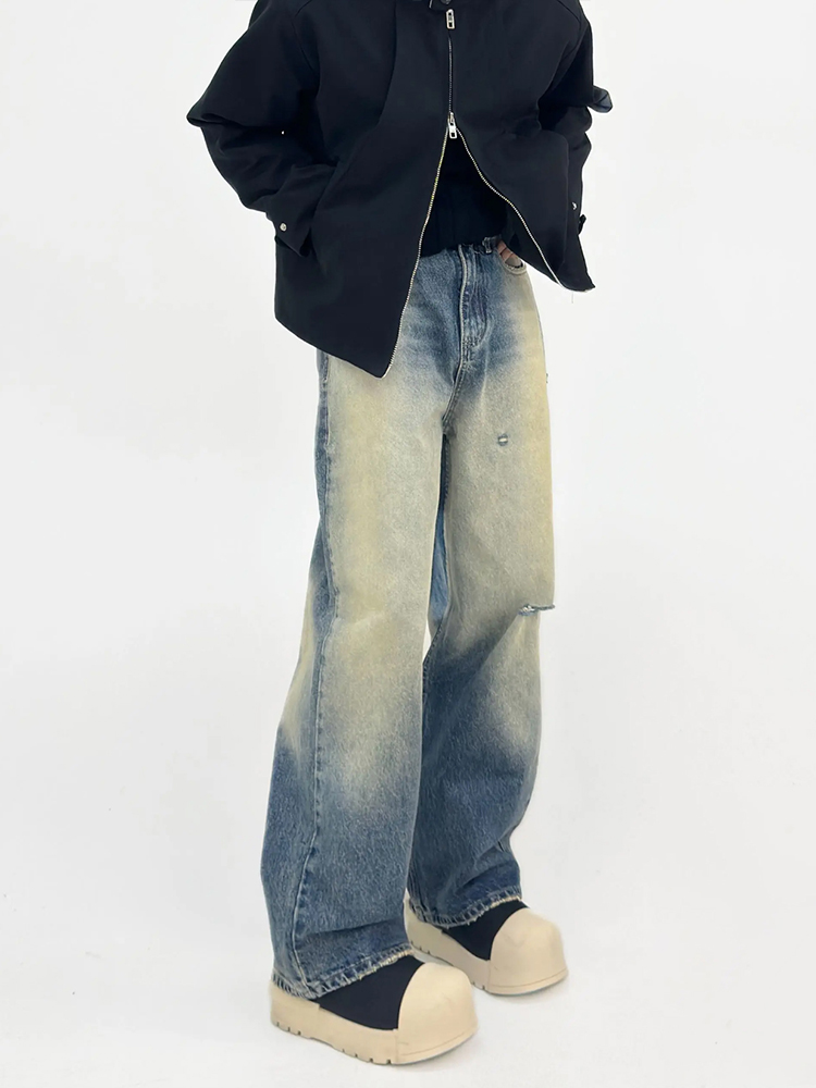 Vintage Washed Distressed Denim Pants for Men - Loose Straight Wide-Leg Casual Trousers, 90s Inspired Fashion