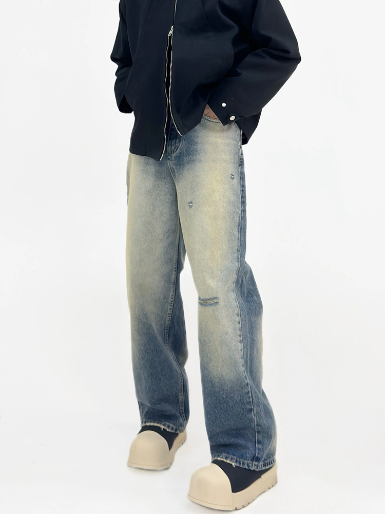 Vintage Washed Distressed Denim Pants for Men - Loose Straight Wide-Leg Casual Trousers, 90s Inspired Fashion Vintage Washed Distressed Denim Pants for Men - Loose Straight Wide-Leg Casual Trousers, 90s Inspired Fashion