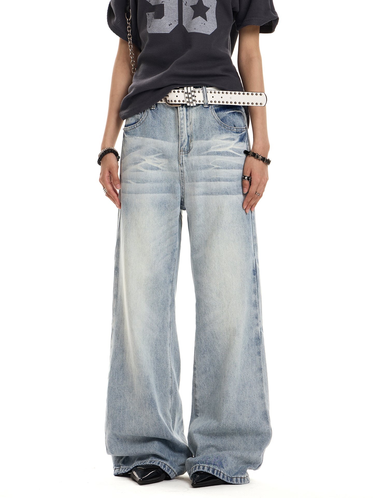 Vintage Washed Distressed Light Blue Denim Pants for Men & Women - Loose American Streetwear Straight Leg Trousers, 90s Style Vintage Washed Distressed Light Blue Denim Pants for Men & Women - Loose American Streetwear Straight Leg Trousers, 90s Style