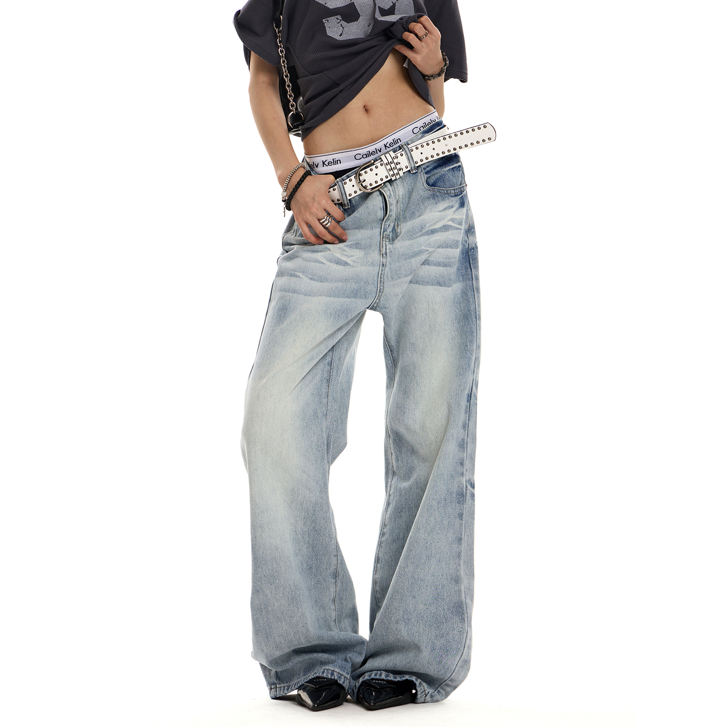 Vintage Washed Distressed Light Blue Denim Pants for Men & Women - Loose American Streetwear Straight Leg Trousers, 90s Style