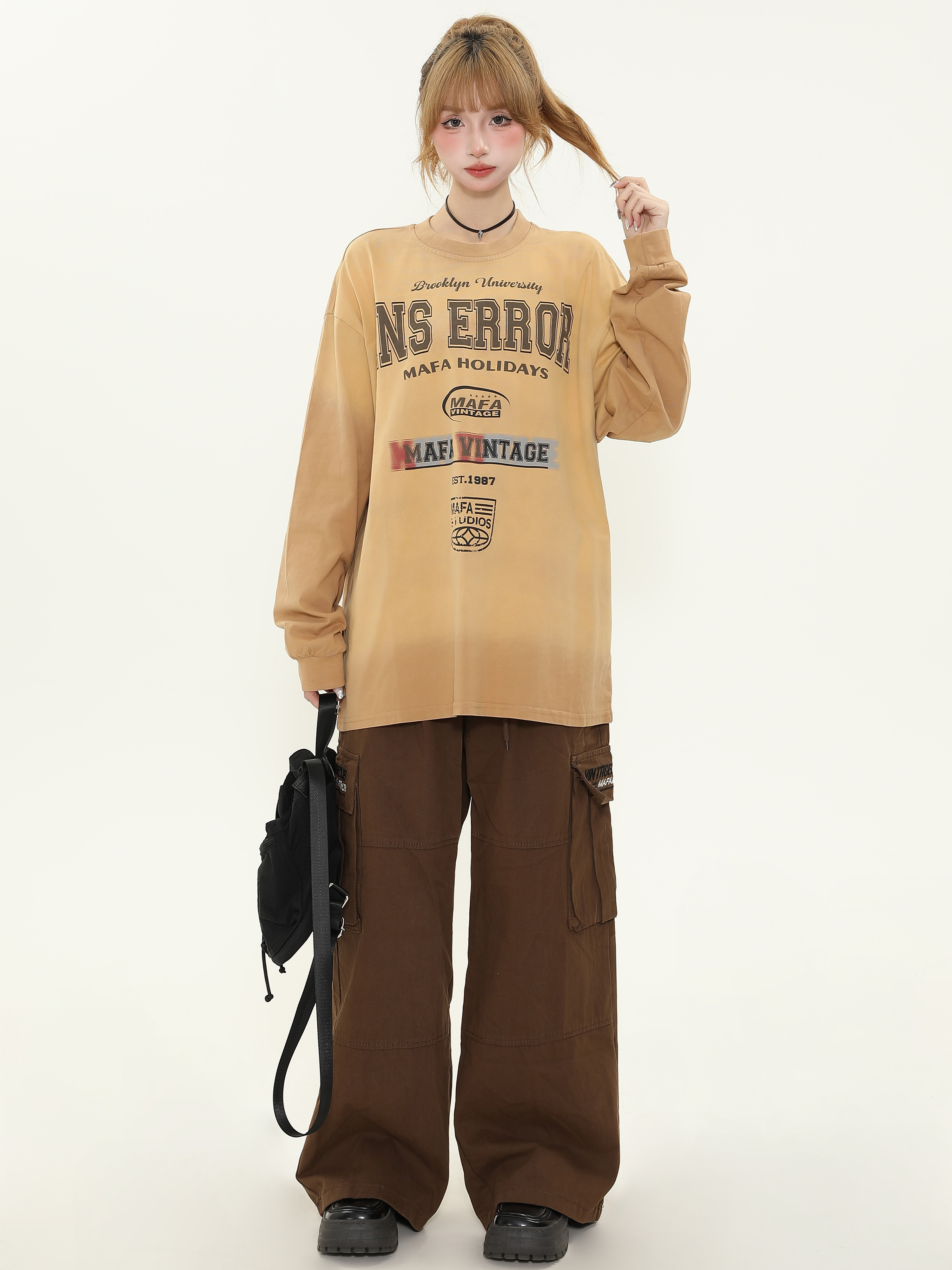 Vintage Washed Distressed Long Sleeve Tie-Dye T-Shirt for Women - Trendy American Style Loose Fit Couple Top Vintage Washed Distressed Long Sleeve Tie-Dye T-Shirt for Women - Trendy American Style Loose Fit Couple Top