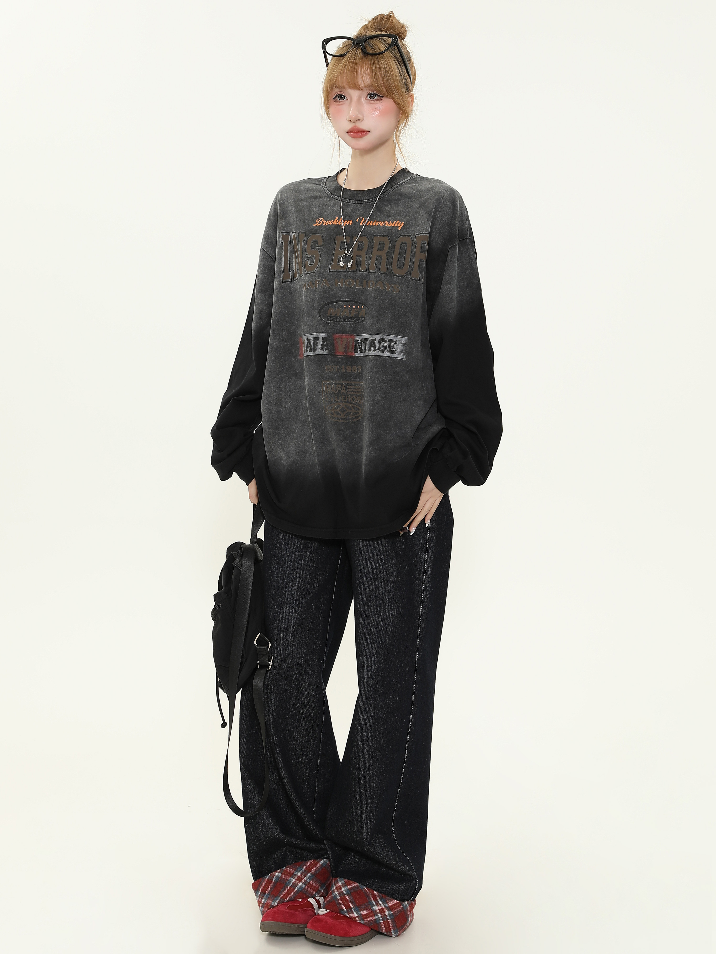 Vintage Washed Distressed Long Sleeve Tie-Dye T-Shirt for Women - Trendy American Style Loose Fit Couple Top Vintage Washed Distressed Long Sleeve Tie-Dye T-Shirt for Women - Trendy American Style Loose Fit Couple Top