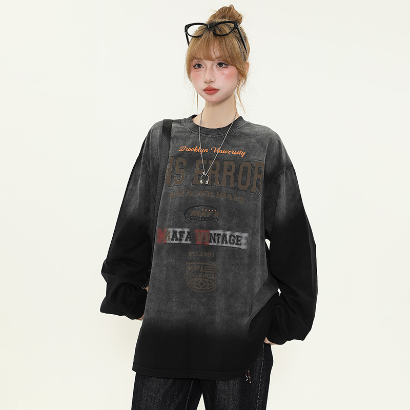 Vintage Washed Distressed Long Sleeve Tie-Dye T-Shirt for Women - Trendy American Style Loose Fit Couple Top Vintage Washed Distressed Long Sleeve Tie-Dye T-Shirt for Women - Trendy American Style Loose Fit Couple Top