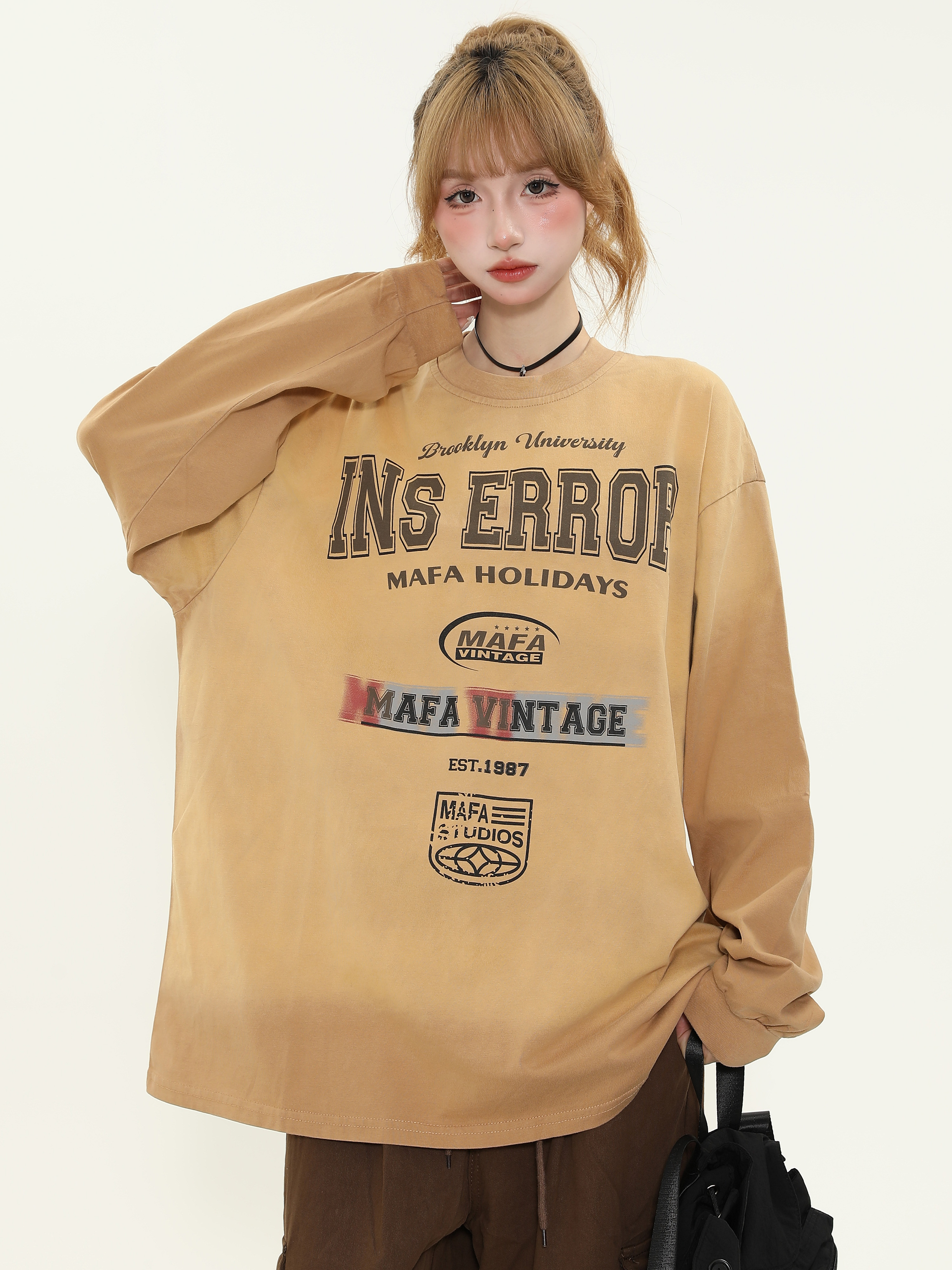 Vintage Washed Distressed Long Sleeve Tie-Dye T-Shirt for Women - Trendy American Style Loose Fit Couple Top