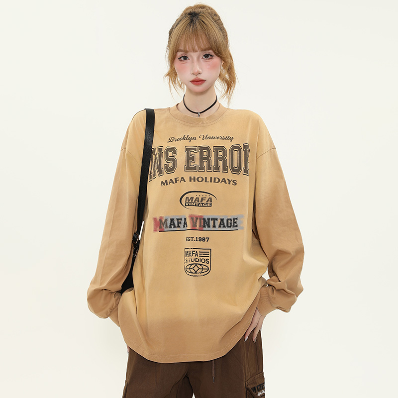 Vintage Washed Distressed Long Sleeve Tie-Dye T-Shirt for Women - Trendy American Style Loose Fit Couple Top