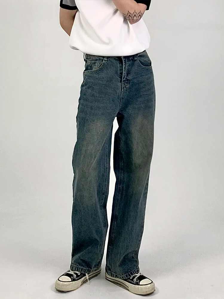 Vintage Washed Distressed Loose Straight-Leg Dark Blue Jeans for Men and Women - Versatile Wide-Leg Style for Spring/Summer 2024