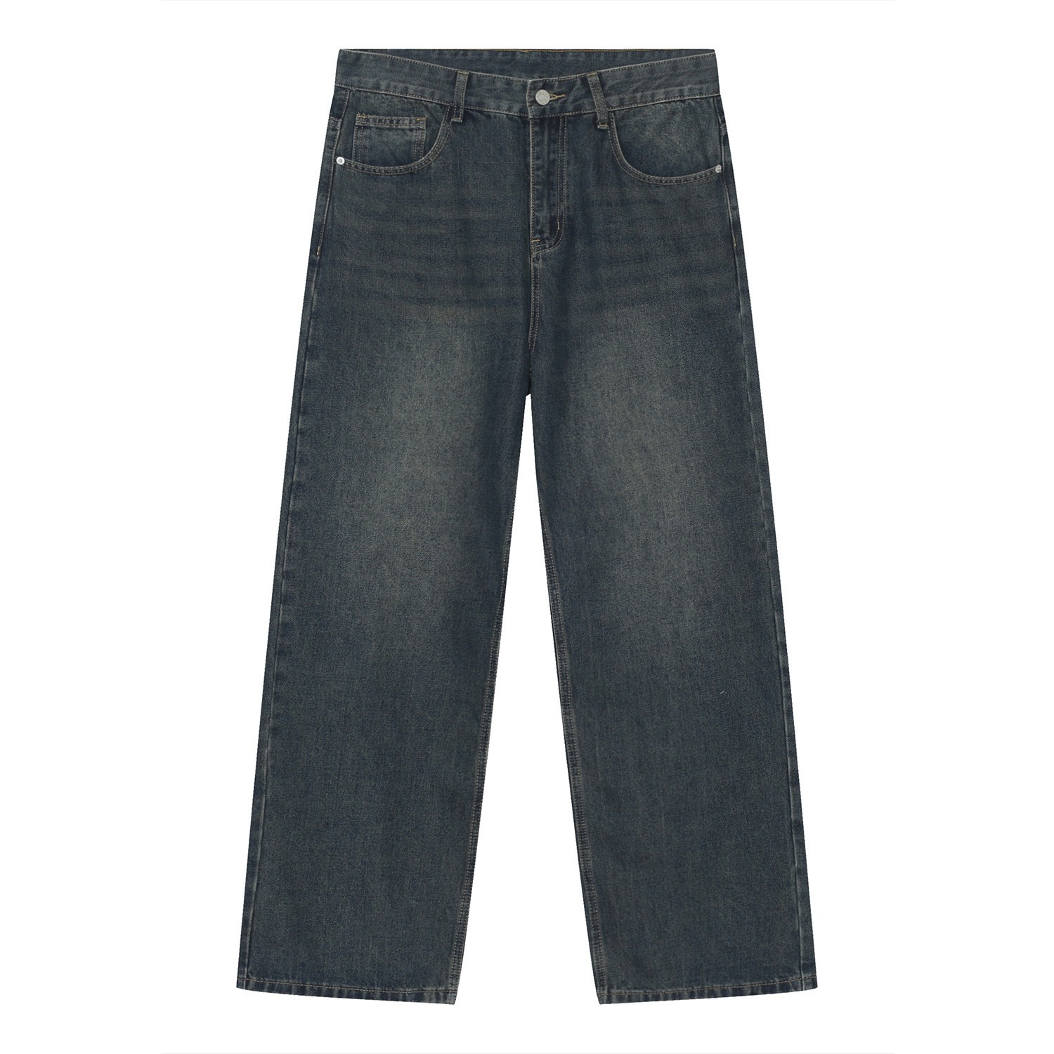 Vintage Washed Distressed Loose Straight-Leg Dark Blue Jeans for Men and Women - Versatile Wide-Leg Style for Spring/Summer 2024