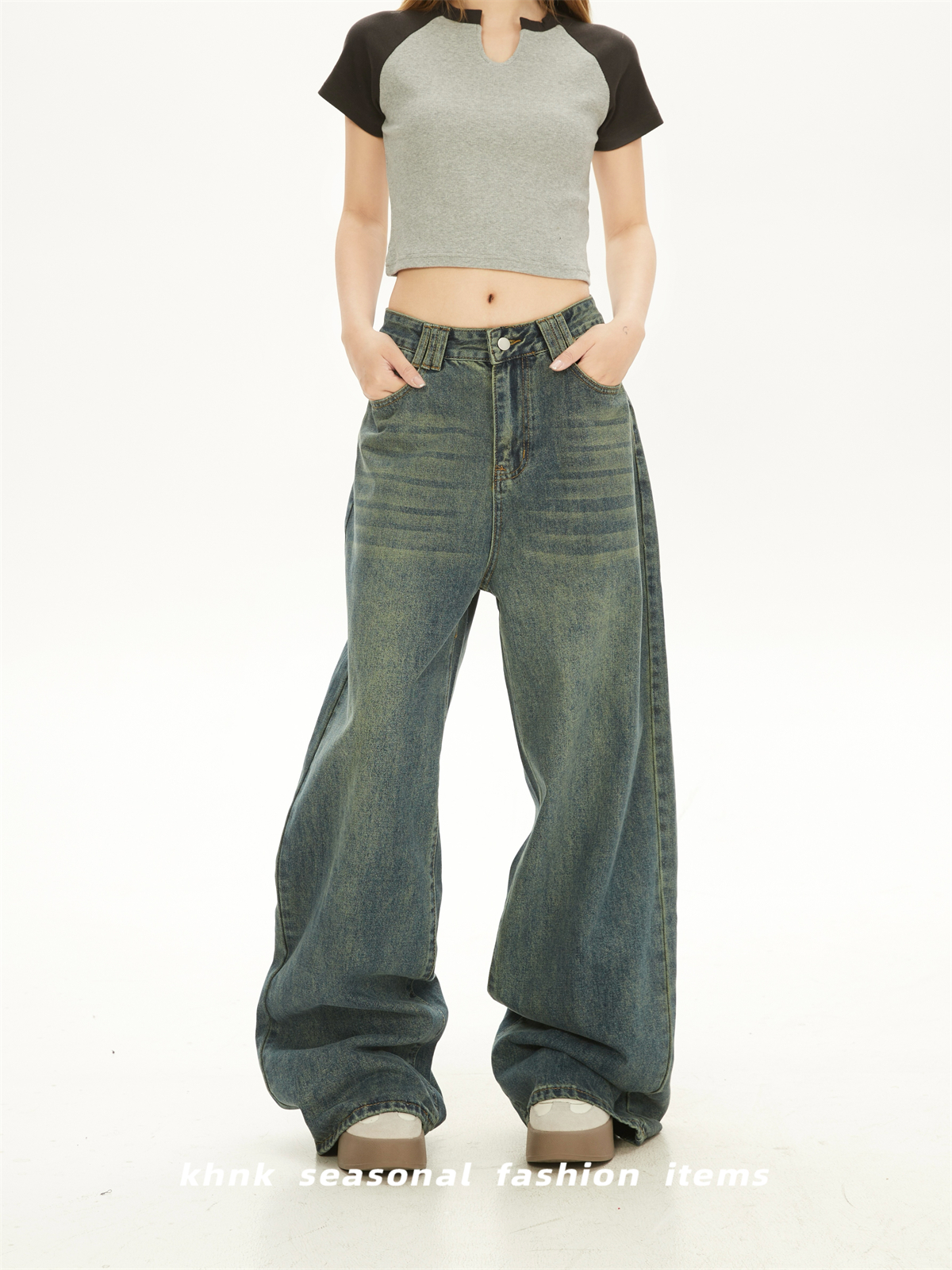 Vintage Washed Distressed Slim High-Waisted Jeans & Loose Draped Floor-Length Wide-Leg Pants for Women - Spring Autumn Fashion Vintage Washed Distressed Slim High-Waisted Jeans & Loose Draped Floor-Length Wide-Leg Pants for Women - Spring Autumn Fashion