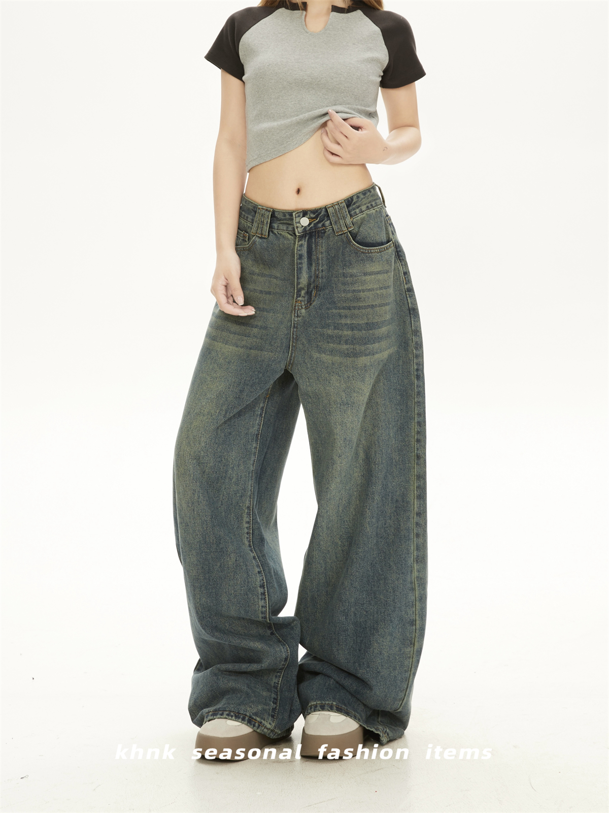 Vintage Washed Distressed Slim High-Waisted Jeans & Loose Draped Floor-Length Wide-Leg Pants for Women - Spring Autumn Fashion