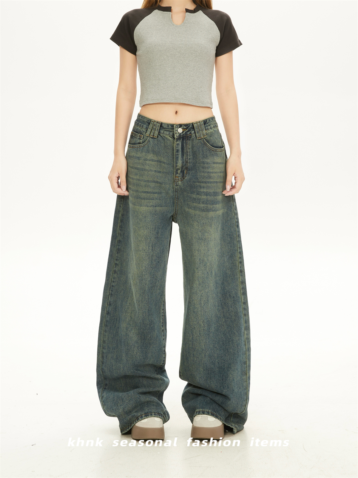 Vintage Washed Distressed Slim High-Waisted Jeans & Loose Draped Floor-Length Wide-Leg Pants for Women - Spring Autumn Fashion