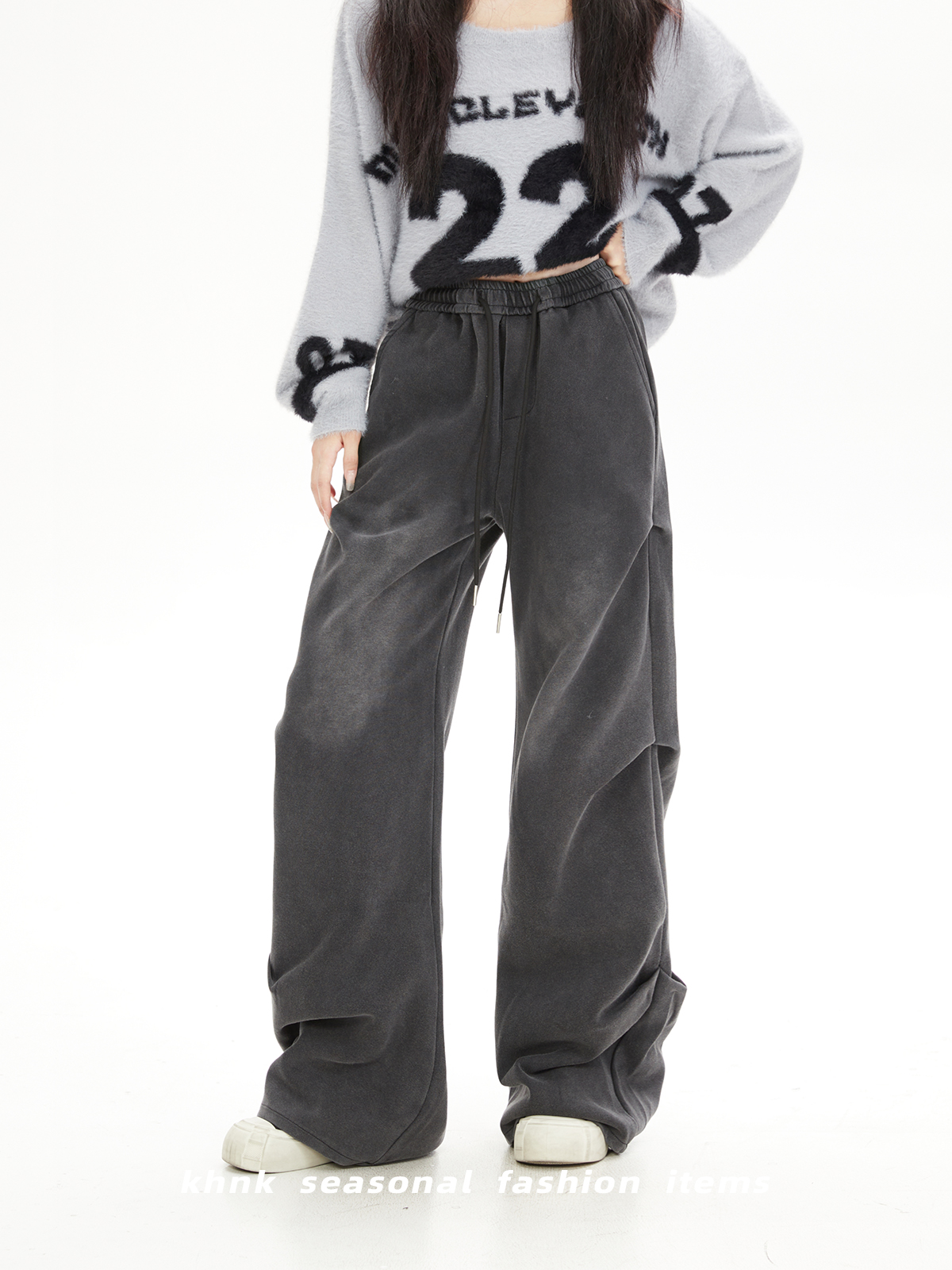 Vintage Washed Gray Pleated Wide-Leg Denim Pants for Women - American Style, Draped Loose Fit, Spring & Autumn Sports Fashion