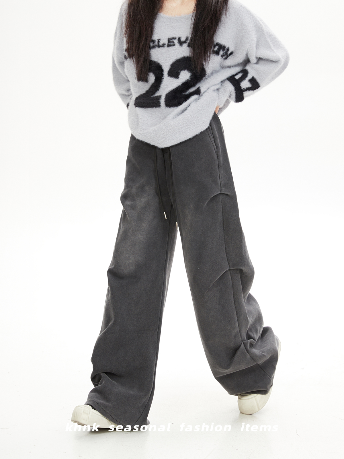 Vintage Washed Gray Pleated Wide-Leg Denim Pants for Women - American Style, Draped Loose Fit, Spring & Autumn Sports Fashion