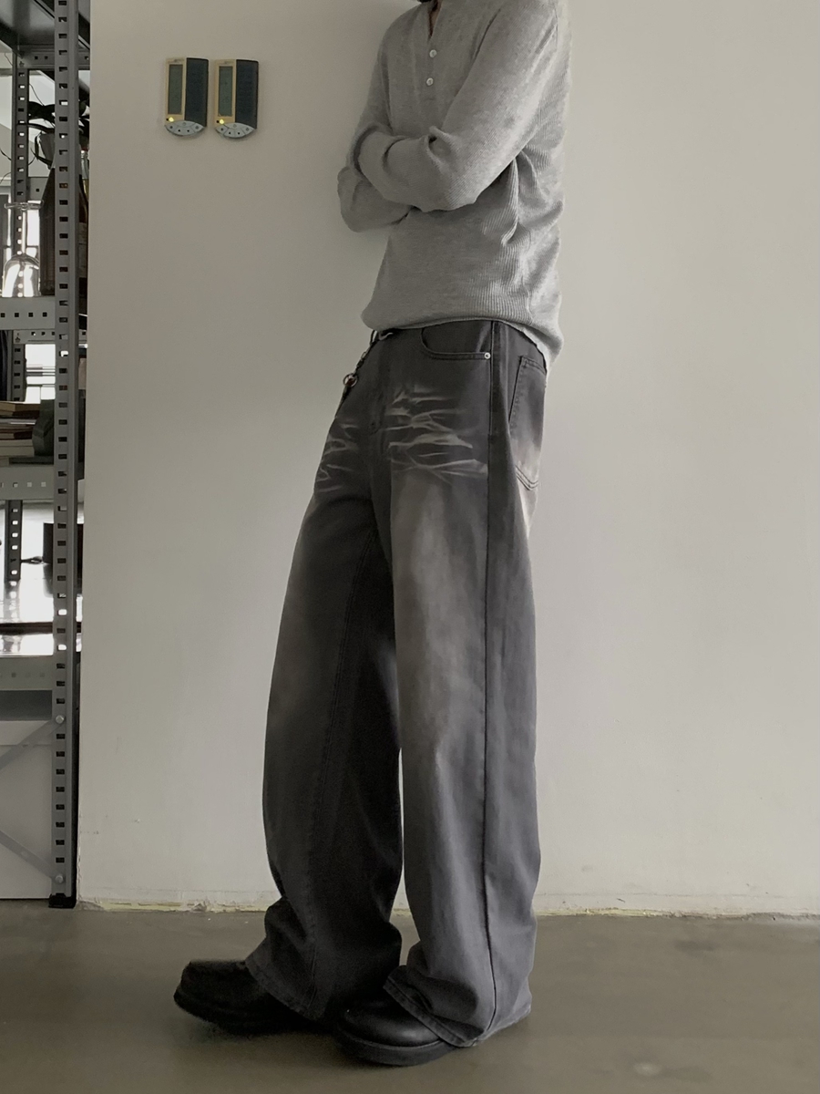 Vintage Washed Loose Straight Cat Whisker Jeans for Men and Women - Clean Fit Long Pants, Trendy American Style Fashion