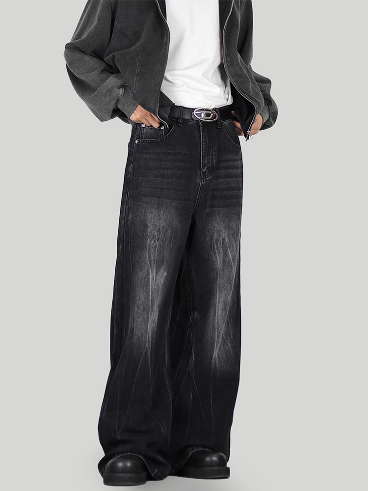 Vintage Washed Straight Leg Jeans for Men, Cleanfit Loose Wide-Leg Casual Pants, 90s Inspired Floor-Length Fashion Bottoms