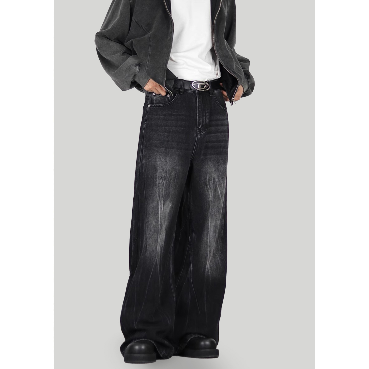 Vintage Washed Straight Leg Jeans for Men, Cleanfit Loose Wide-Leg Casual Pants, 90s Inspired Floor-Length Fashion Bottoms