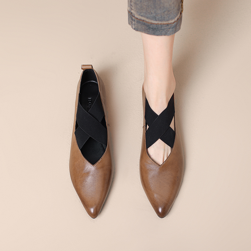 Vintage Water-Washed Cowhide Women's Pointed Toe Ballet Flats with Cross Elastic Strap - Classic Mary Jane Style Shoes