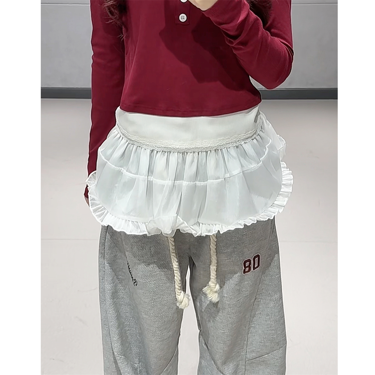 Vintage Wine Red Lace Spliced Short Top with Gray Casual Curved Blade Pants - Stylish Thin Dance Sports Outfit for Y2K Vibes Vintage Wine Red Lace Spliced Short Top with Gray Casual Curved Blade Pants - Stylish Thin Dance Sports Outfit for Y2K Vibes