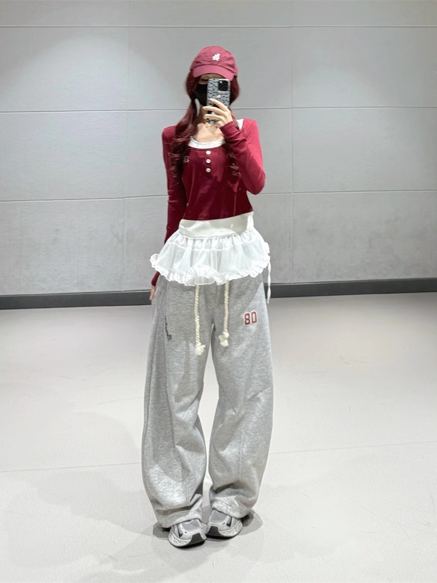 Vintage Wine Red Lace Spliced Short Top with Gray Casual Curved Blade Pants - Stylish Thin Dance Sports Outfit for Y2K Vibes Vintage Wine Red Lace Spliced Short Top with Gray Casual Curved Blade Pants - Stylish Thin Dance Sports Outfit for Y2K Vibes