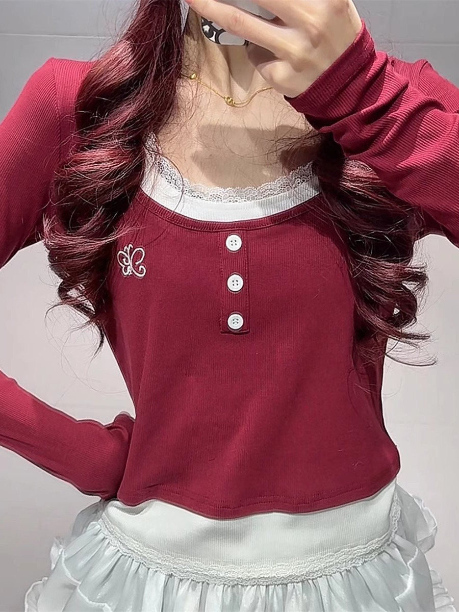 Vintage Wine Red Lace Spliced Short Top with Gray Casual Curved Blade Pants - Stylish Thin Dance Sports Outfit for Y2K Vibes Vintage Wine Red Lace Spliced Short Top with Gray Casual Curved Blade Pants - Stylish Thin Dance Sports Outfit for Y2K Vibes