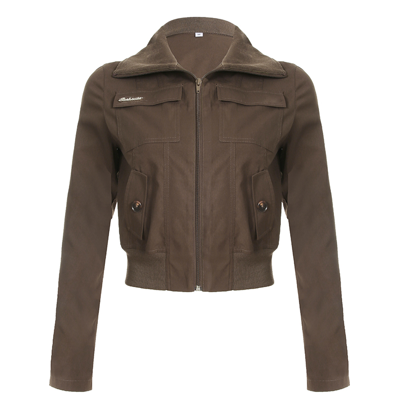 Vintage Workwear Style Zipper Collar Jacket for Women - Slim Fit with Pockets, 90s Inspired Fashion