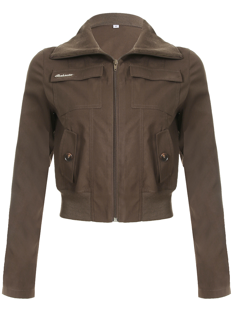 Vintage Workwear Style Zipper Collar Jacket for Women - Slim Fit with Pockets, 90s Inspired Fashion Vintage Workwear Style Zipper Collar Jacket for Women - Slim Fit with Pockets, 90s Inspired Fashion