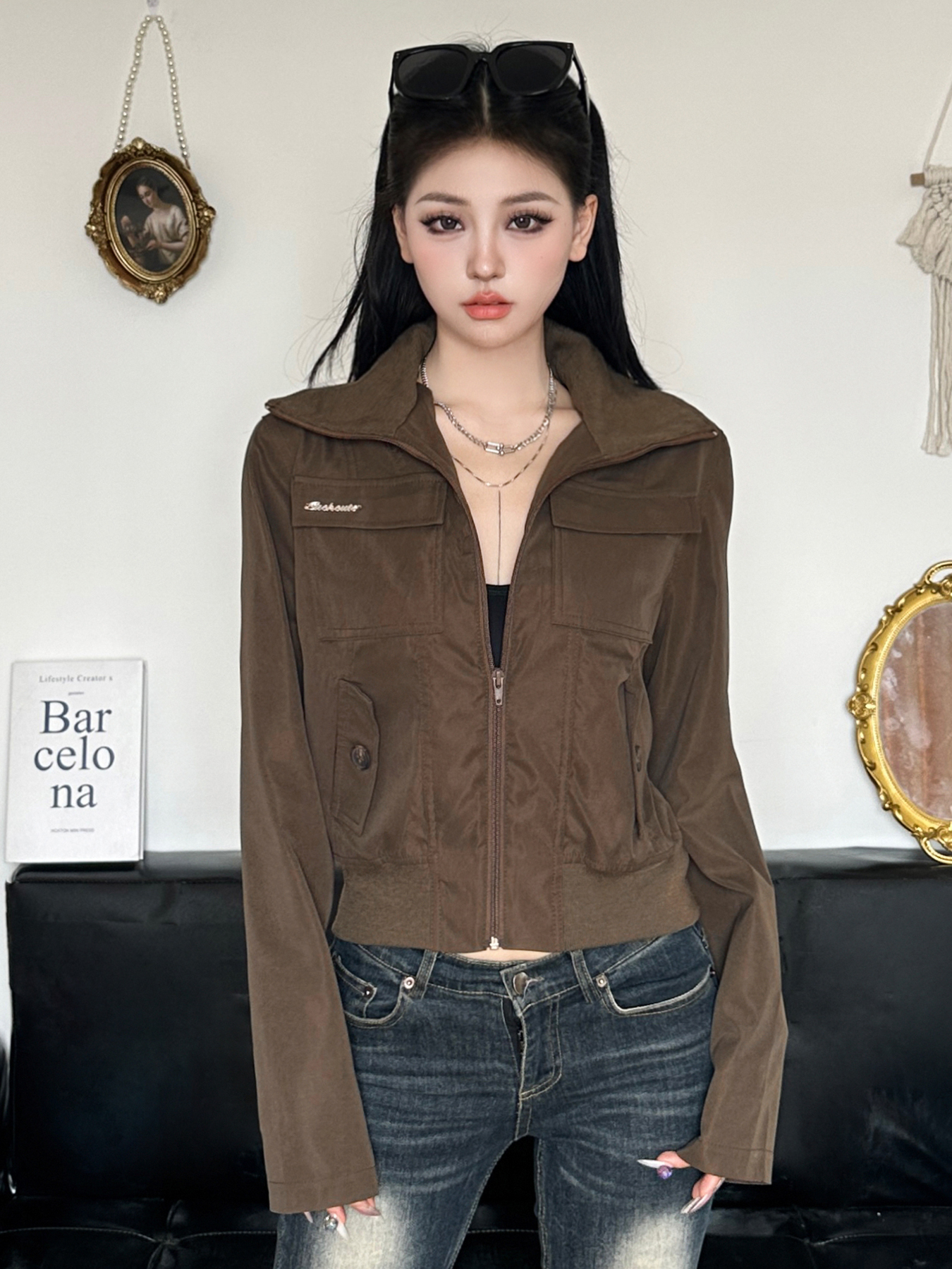 Vintage Workwear Style Zipper Collar Jacket for Women - Slim Fit with Pockets, 90s Inspired Fashion