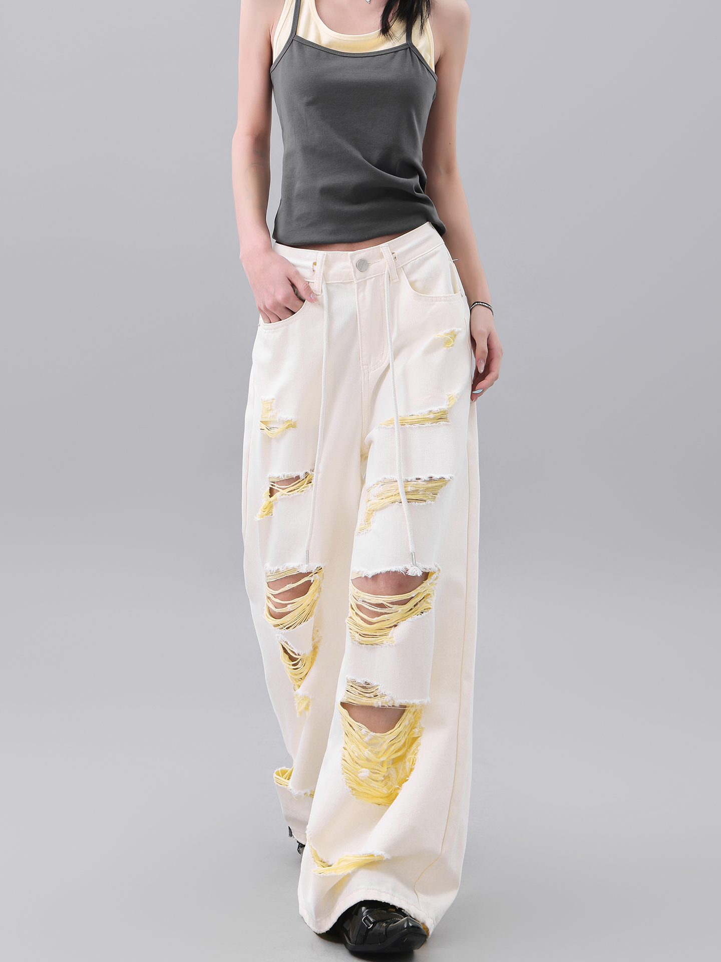 Vintage Yellow Ripped Jeans for Women - Summer Irregular Wash Straight Wide-Leg Pants, 90s Y2K Style Fashion Vintage Yellow Ripped Jeans for Women - Summer Irregular Wash Straight Wide-Leg Pants, 90s Y2K Style Fashion