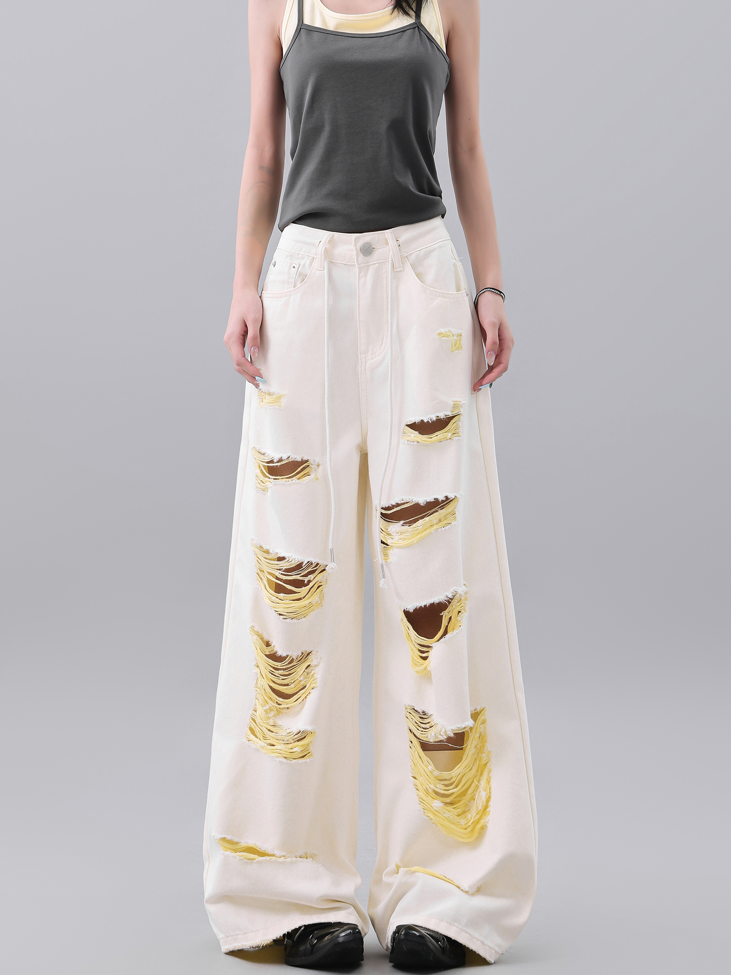 Vintage Yellow Ripped Jeans for Women - Summer Irregular Wash Straight Wide-Leg Pants, 90s Y2K Style Fashion Vintage Yellow Ripped Jeans for Women - Summer Irregular Wash Straight Wide-Leg Pants, 90s Y2K Style Fashion