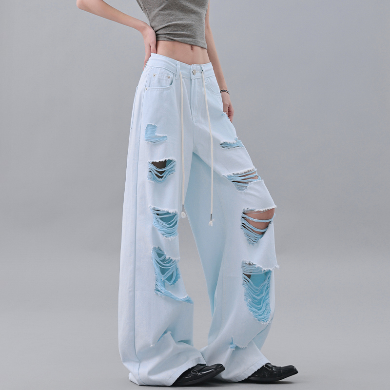 Vintage Yellow Ripped Jeans for Women - Summer Irregular Wash Straight Wide-Leg Pants, 90s Y2K Style Fashion Vintage Yellow Ripped Jeans for Women - Summer Irregular Wash Straight Wide-Leg Pants, 90s Y2K Style Fashion