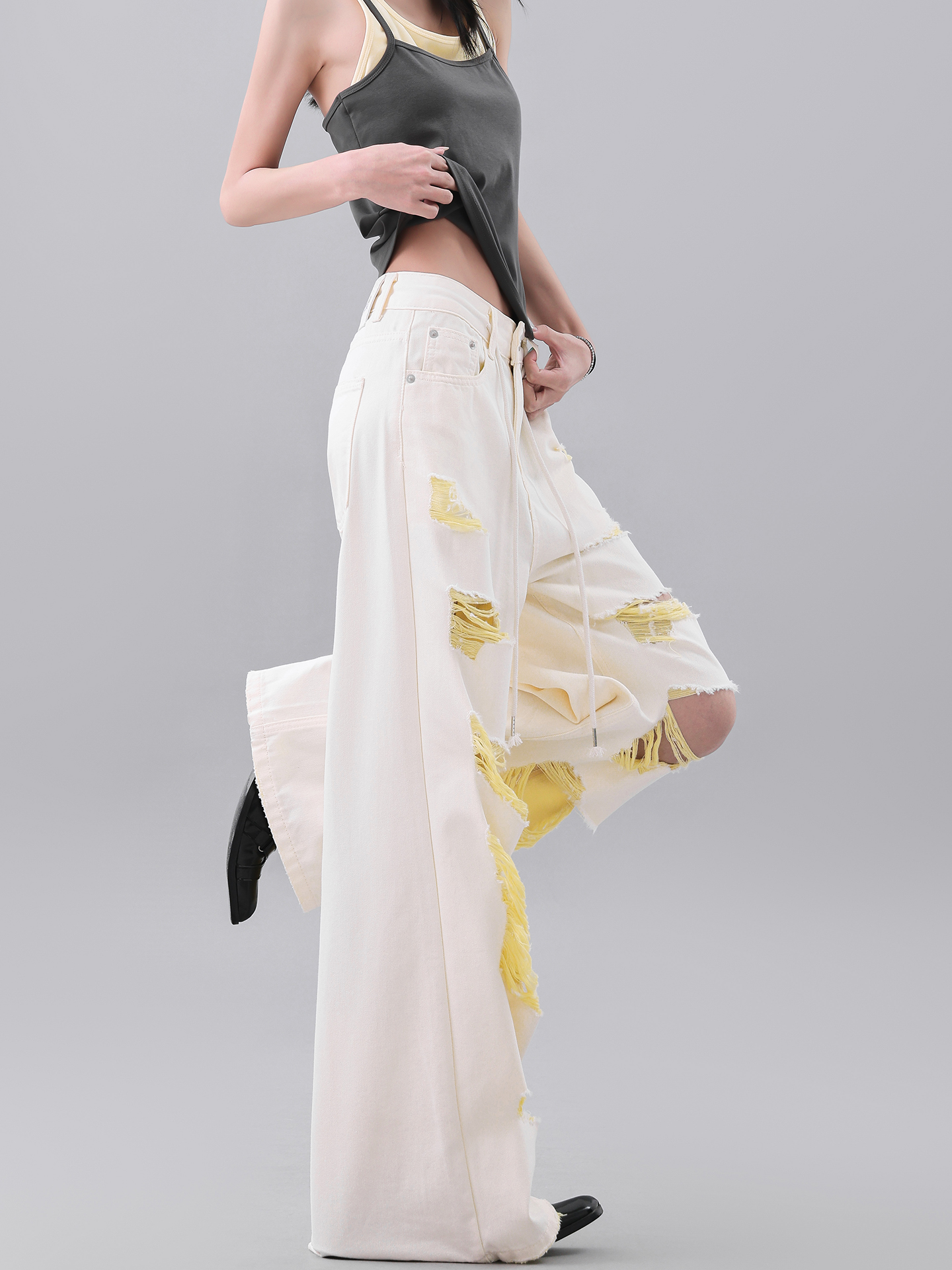 Vintage Yellow Ripped Jeans for Women - Summer Irregular Wash Straight Wide-Leg Pants, 90s Y2K Style Fashion