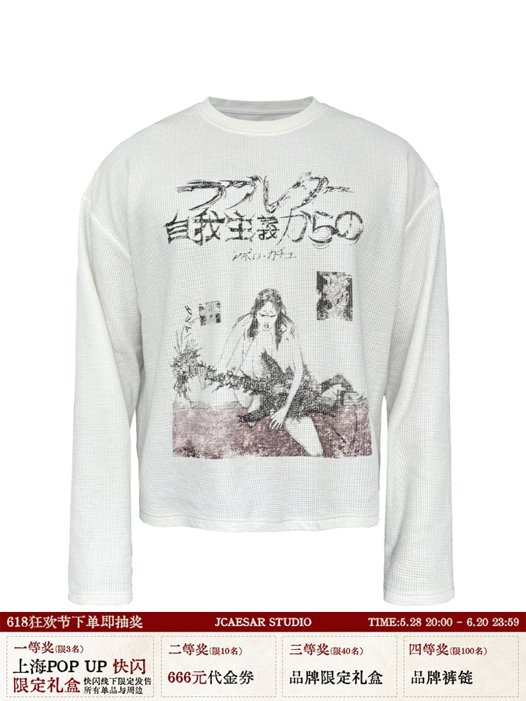 Waffle Sleeve Long Sleeve T-shirt with Rock Illustration Print - Trendy Casual Top for Y2K and 90s Inspired Looks