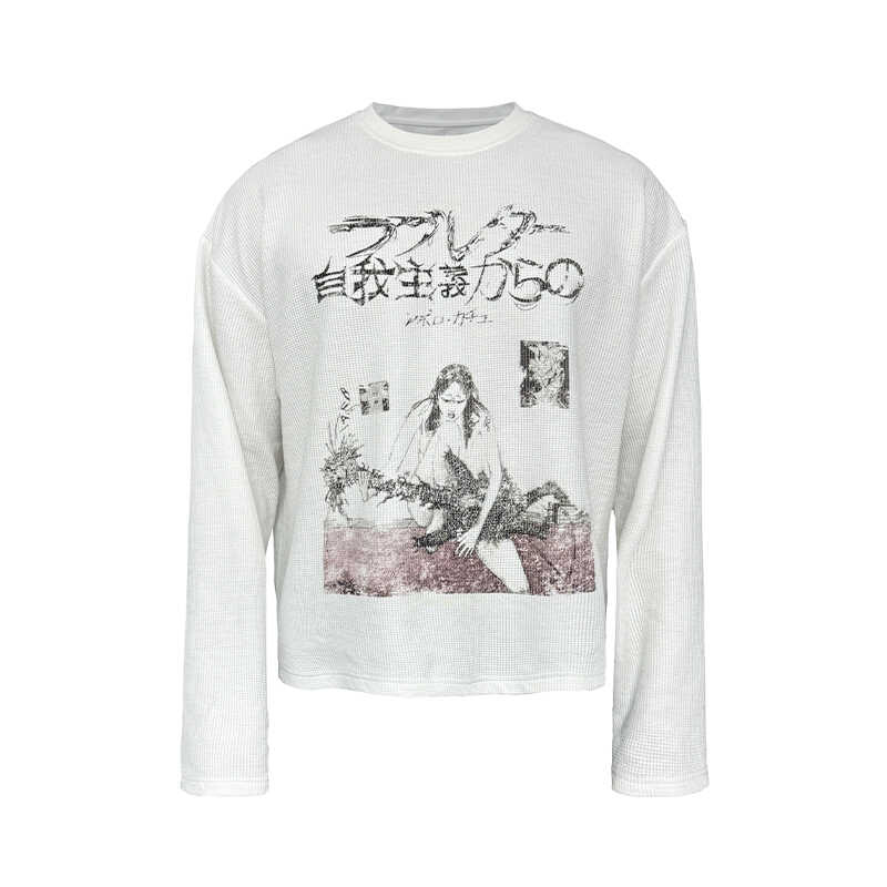 Waffle Sleeve Long Sleeve T-shirt with Rock Illustration Print - Trendy Casual Top for Y2K and 90s Inspired Looks
