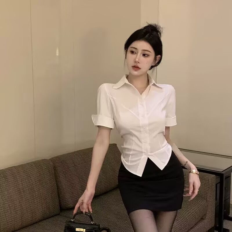 Waist-Cinching Gray Short-Sleeve Shirt & Bodycon Skirt Set for Hotel KTV Club Workwear, Sexy Pure Desire Style Waist-Cinching Gray Short-Sleeve Shirt & Bodycon Skirt Set for Hotel KTV Club Workwear, Sexy Pure Desire Style