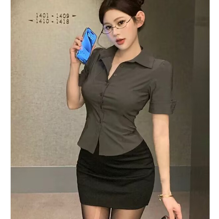 Waist-Cinching Gray Short-Sleeve Shirt & Bodycon Skirt Set for Hotel KTV Club Workwear, Sexy Pure Desire Style