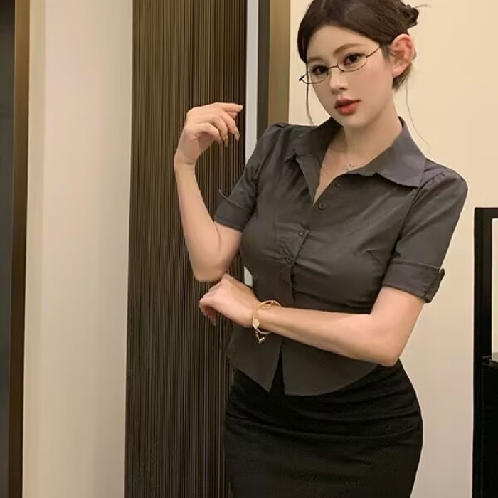 Waist-Cinching Gray Short-Sleeve Shirt & Bodycon Skirt Set for Hotel KTV Club Workwear, Sexy Pure Desire Style Waist-Cinching Gray Short-Sleeve Shirt & Bodycon Skirt Set for Hotel KTV Club Workwear, Sexy Pure Desire Style