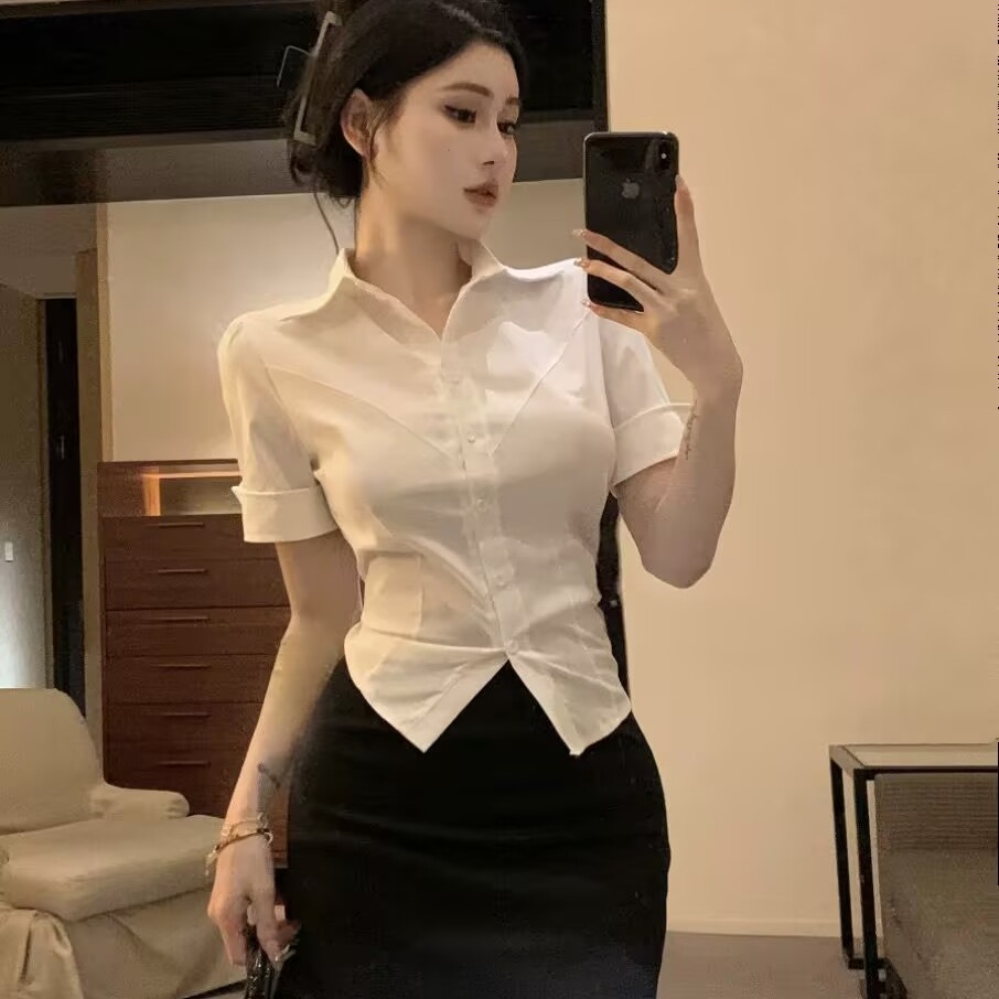 Waist-Cinching Gray Short-Sleeve Shirt & Bodycon Skirt Set for Hotel KTV Club Workwear, Sexy Pure Desire Style Waist-Cinching Gray Short-Sleeve Shirt & Bodycon Skirt Set for Hotel KTV Club Workwear, Sexy Pure Desire Style