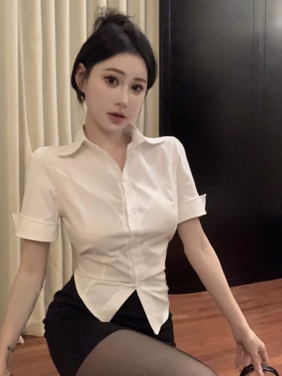 Waist-Cinching Gray Short-Sleeve Shirt & Bodycon Skirt Set for Hotel KTV Club Workwear, Sexy Pure Desire Style Waist-Cinching Gray Short-Sleeve Shirt & Bodycon Skirt Set for Hotel KTV Club Workwear, Sexy Pure Desire Style