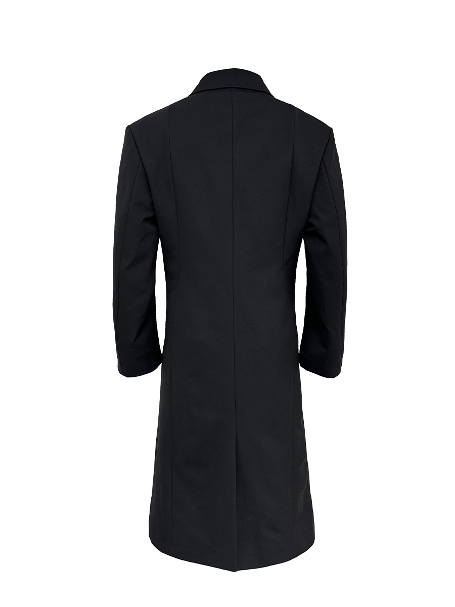 Waist-Defined Double-Breasted Overcoat with Shoulder Pads and Curved Sleeves - Chic Suit Fabric Dress Coat for Modern Style Waist-Defined Double-Breasted Overcoat with Shoulder Pads and Curved Sleeves - Chic Suit Fabric Dress Coat for Modern Style