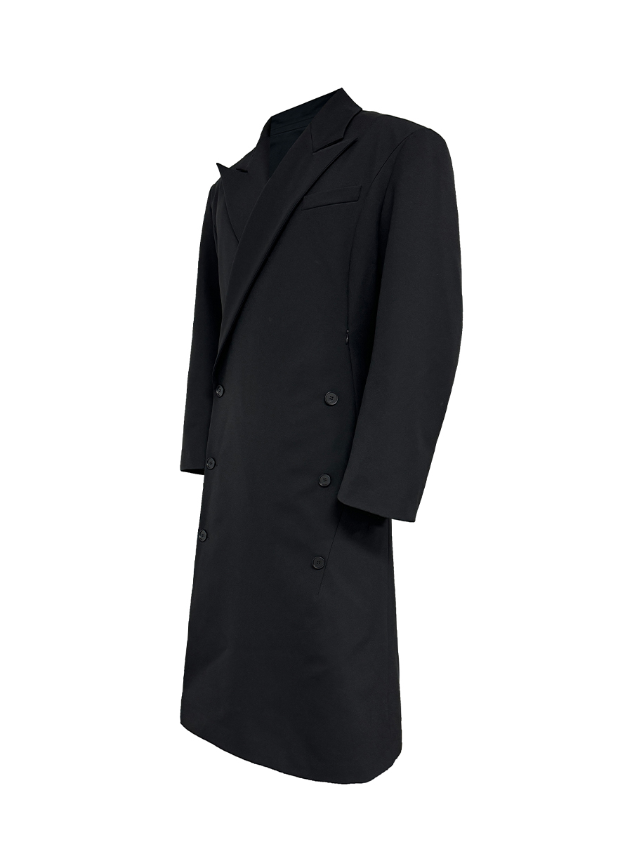 Waist-Defined Double-Breasted Overcoat with Shoulder Pads and Curved Sleeves - Chic Suit Fabric Dress Coat for Modern Style Waist-Defined Double-Breasted Overcoat with Shoulder Pads and Curved Sleeves - Chic Suit Fabric Dress Coat for Modern Style
