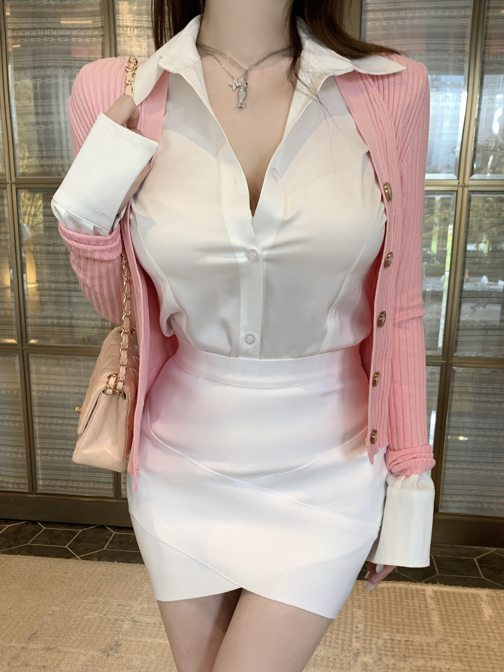 Waistline-Cinched Sexy Lapel Satin Acetate White Shirt - Korean Style Girlfriend Look Waistline-Cinched Sexy Lapel Satin Acetate White Shirt - Korean Style Girlfriend Look