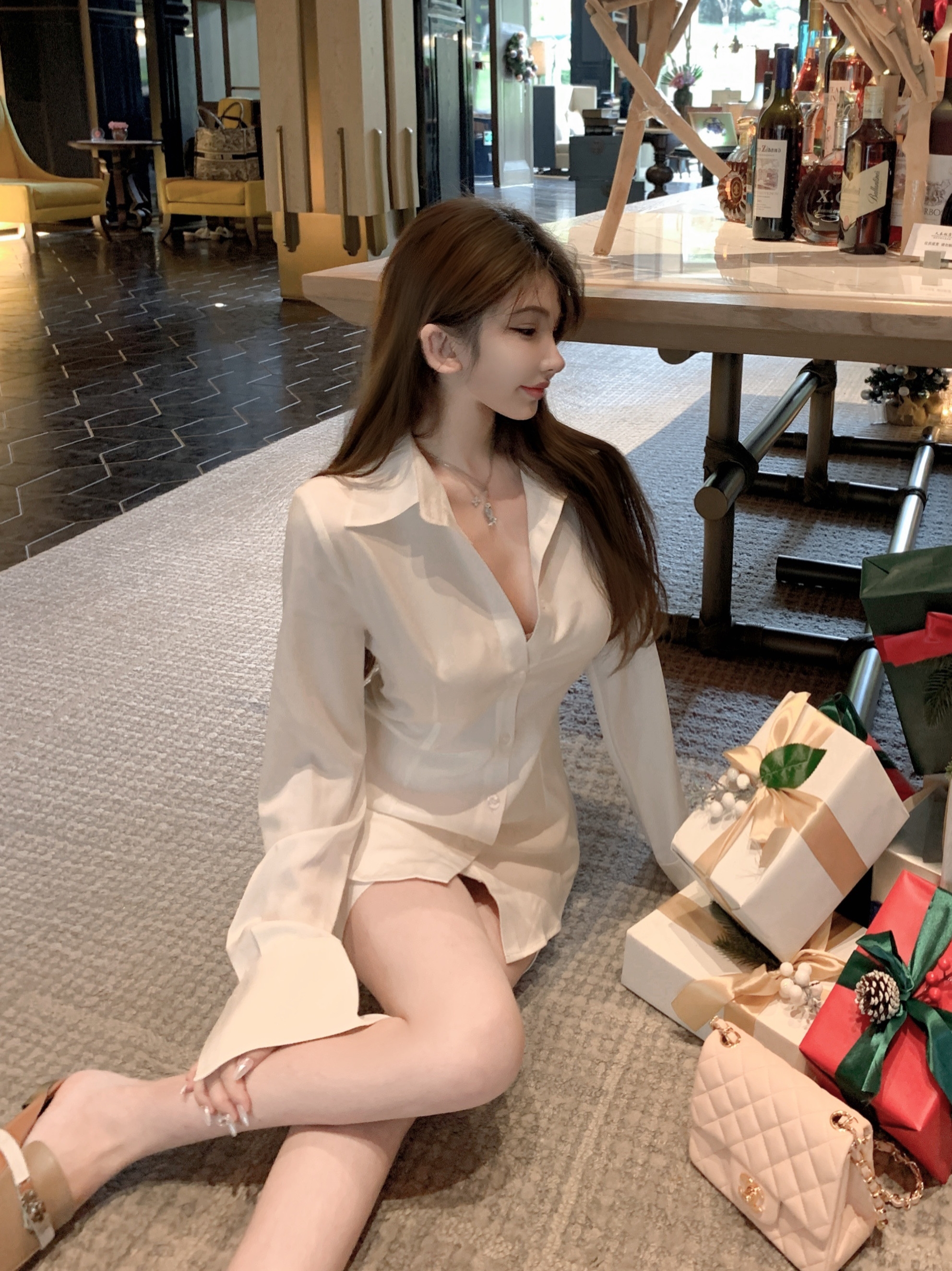 Waistline-Cinched Sexy Lapel Satin Acetate White Shirt - Korean Style Girlfriend Look Waistline-Cinched Sexy Lapel Satin Acetate White Shirt - Korean Style Girlfriend Look