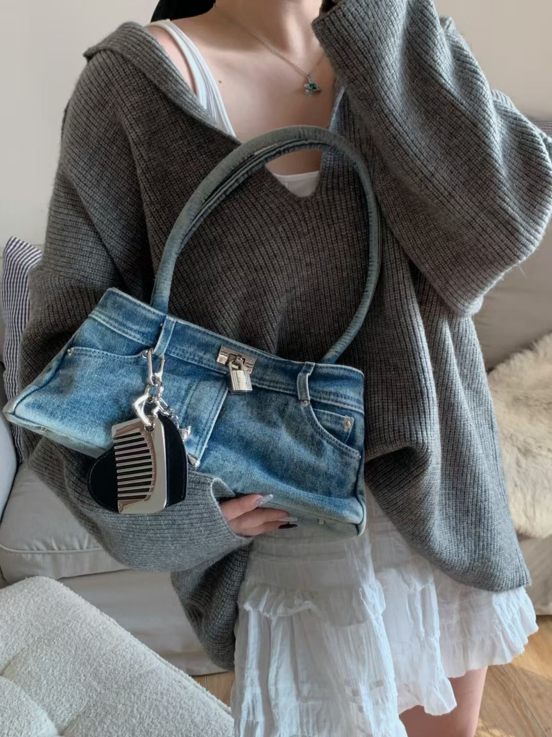 Washed Denim Retro Handheld Underarm Bag with Mirror Pendant â€“ Fashionable Y2K Shoulder Bag for Women