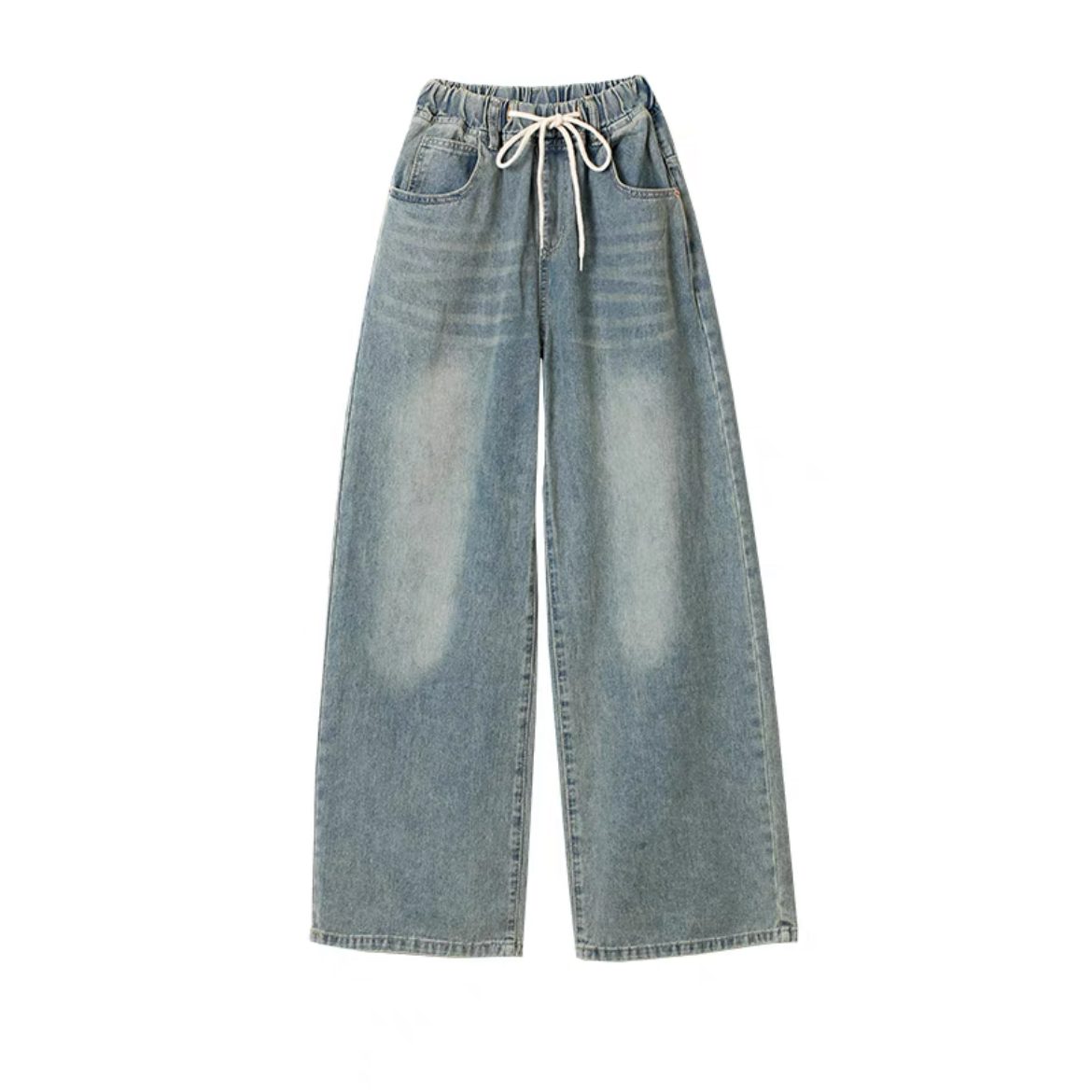 Water-Washed Blue Denim Loose Wide-Leg Pants for Women - Elastic Waist, Slimming Fit, Summer 2025 Fashion