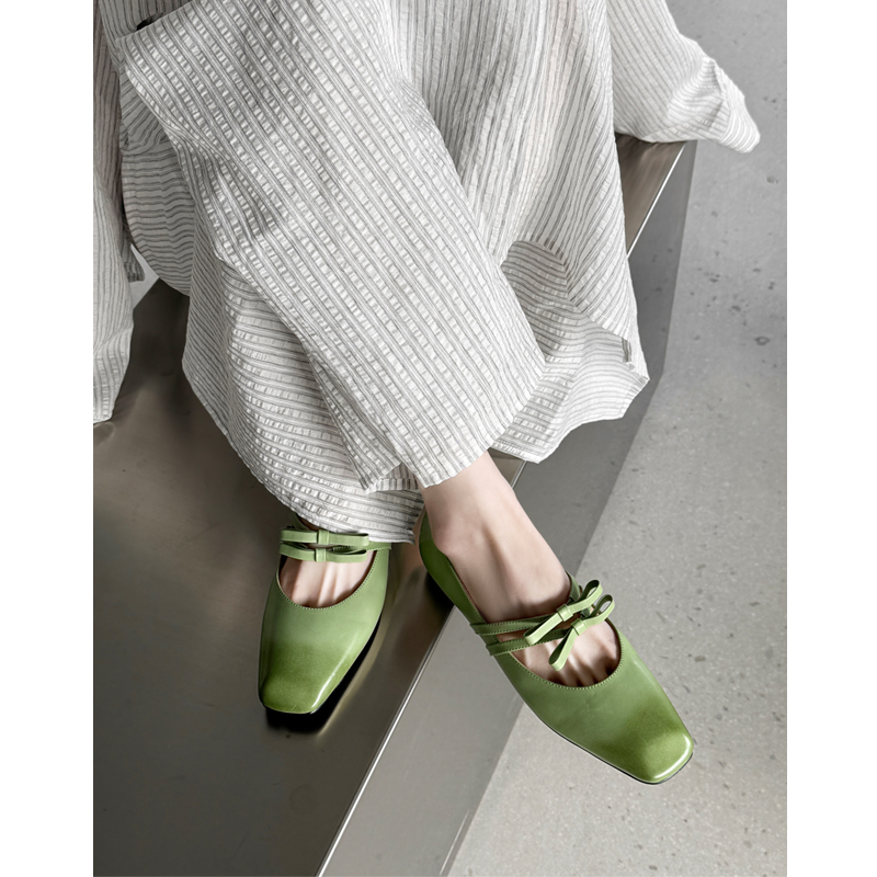 Water-Washed Cowhide Ballet Flats for Women - Exquisite French Design with Bow - Spring Single Shoes